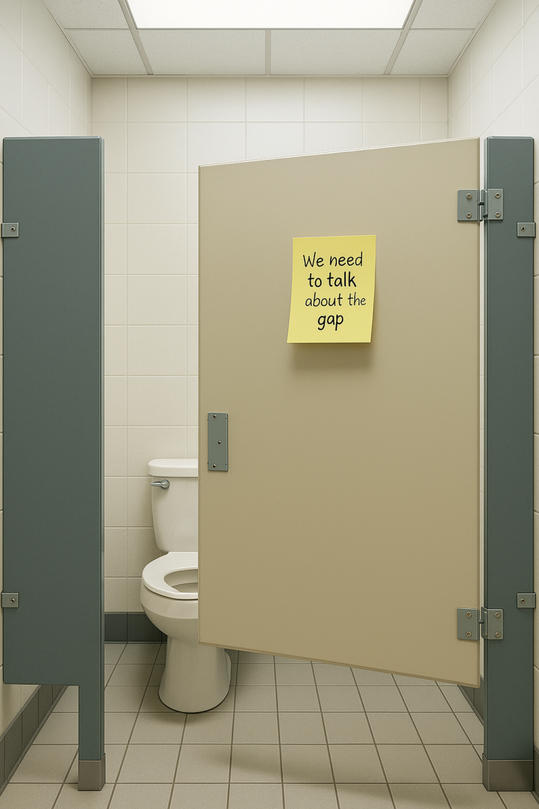Bathroom stall with big gaps.
